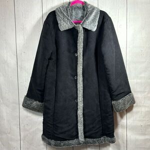 John Weitz Faux Shearling Coat Black Suede Gray Fur Lining Cozy Winter Jacket XL